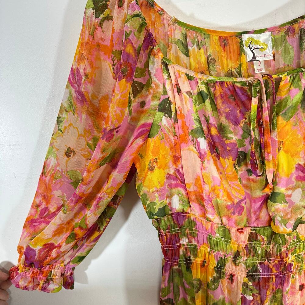 FIG & FLOWER Anthropologie floral dress hi low ruffle Spring Summer Womans Large - Picture 4 of 8